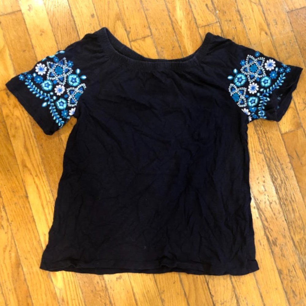 Navy top; Floral Embroidered Sleeves; Talbots (S)